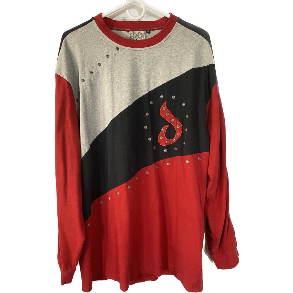 Davoucci Long Sleeve Shirt Sz XL Y2k Hip Hop Style Red Black Rivets